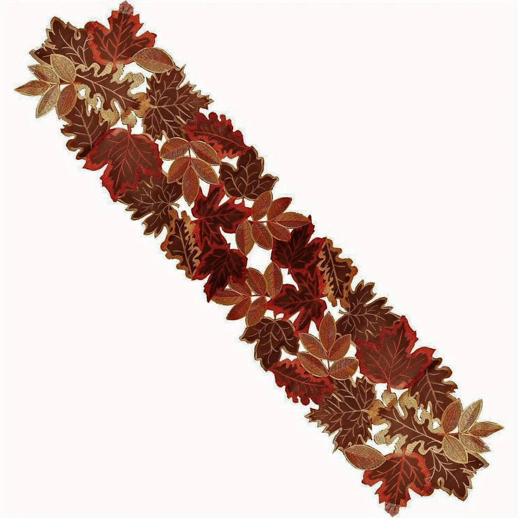 Autumn Maple Leaf Embroidered Table Runner – Rustic Thanksgiving & Fall Harvest Table Decor